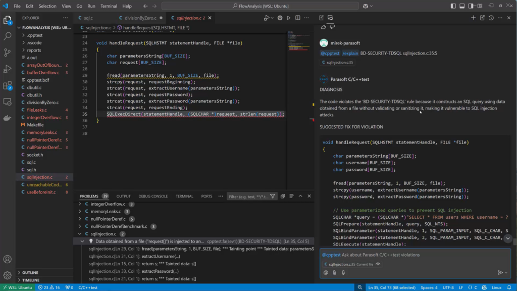 Screenshot of C/C++test integrated with VS Code and AI-assisted static analysis remediation